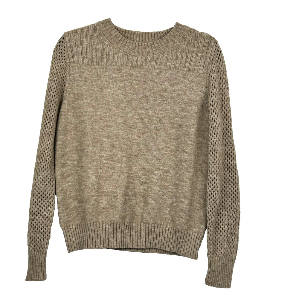 SHEIN Sweater Womens‎ 4 Tan Pullover Crew Neck Knit Openwork Sleeve Acrylic